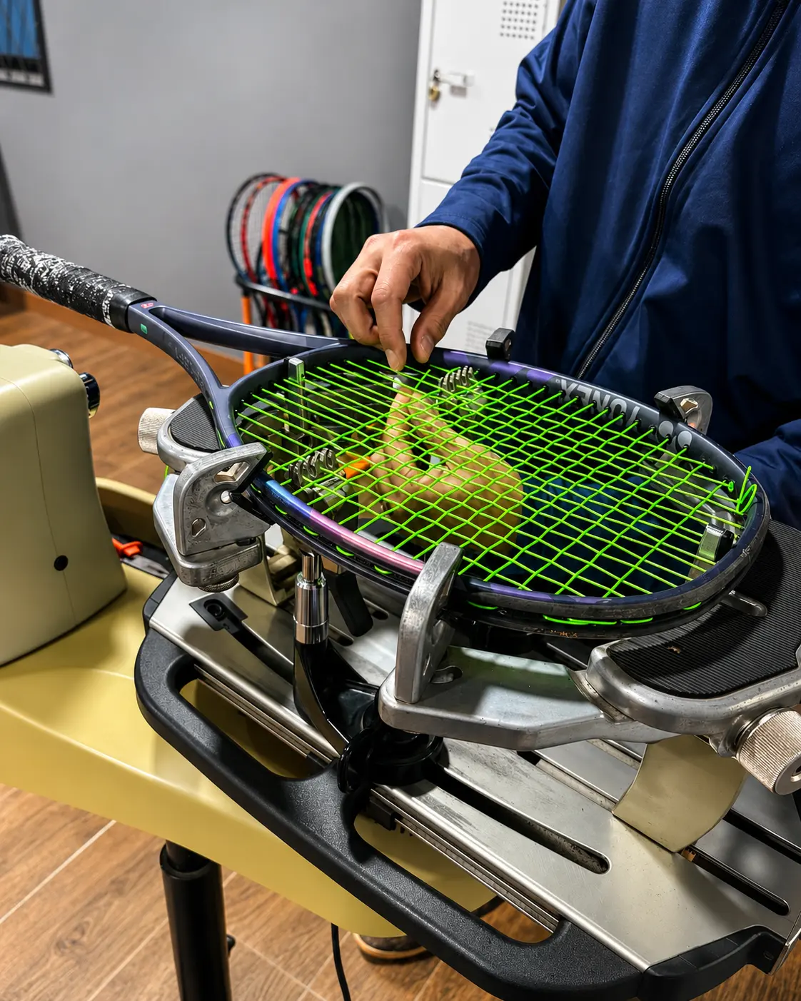 Máquina de encordoamento Toalson X-ESi com raquete posicionada.